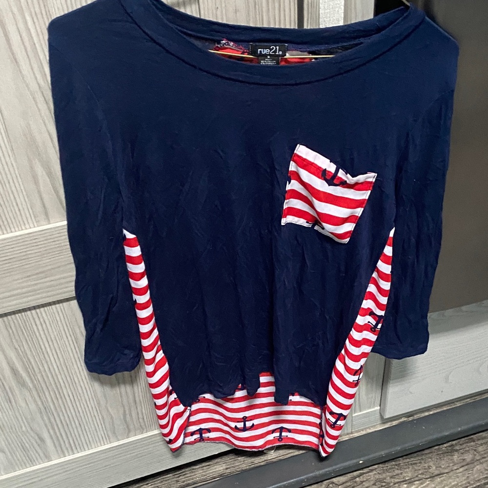 Rue21 Navy Top with Red and White Stripes